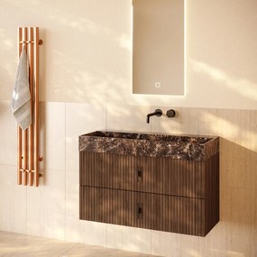 Muebles Murcia badmeubel ribbelfront 100cm walnoot met Dark Emperador wastafel zonder kraangat