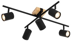 Plafondlamp zwart met hout 5-lichts verstelbaar rechthoekig - Jeana