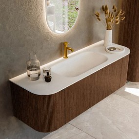 Mondiaz Kurve 140cm badmeubel ronding links/rechts walnut met 1 lade en 2 deuren en wastafel big small midden 1 kraangat