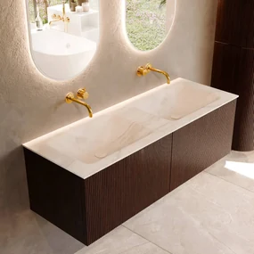 Mondiaz Kurve-dlux 130cm badmeubel ruby met 2 lades en wastafel leaf dubbel zonder kraangat ostra