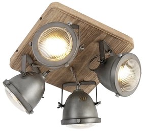 Industriële Spot / Opbouwspot / Plafondspot staal met hout kantelbaar 4-lichts - Emado Industriele / Industrie / Industrial GU10 vierkant Binnenverlichting Lamp
