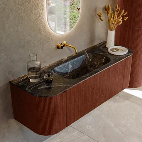 Mondiaz Kurve-dlux 140cm badmeubel ronding links/rechts ruby met 1 lade en 2 deuren en wastafel big small midden zonder kraangat lava