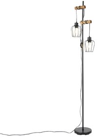 Landelijke vloerlamp zwart met hout 2-lichts - Stronk