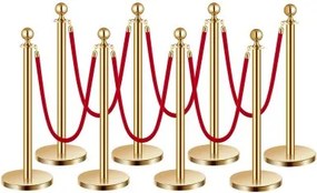VEVOR Drijvende-wegafscheidingspalen (8 stuks) met 6 rode fluwelen touwen (1,5 m lang), roestvrijstalen drangafscheidingspalen met hervulbare voet voor tentoonstellingen Goudkleurig