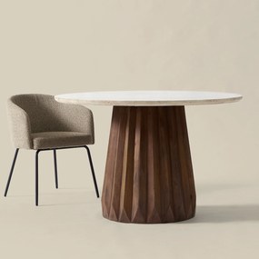 Ronde Eettafel Beige Marmer En Hout - 120 X 120cm.