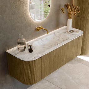 Mondiaz Kurve-dlux 140cm badmeubel ronding links/rechts dusk met 1 lade en 2 deuren en wastafel big small midden zonder kraangat glace