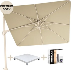 Nexus T2 premium zweefparasol 300x300 cm sand stone mast Champagne met zandkleur parasolvoet 90kg en hoes
