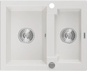 Mexen Carlos granitische gootsteen met 1,5 spoelbak, 582 x 475 mm, wit, chrom sifon - 6518581500-20