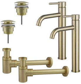 Fortifura Calvi Wastafelkraanset - voor dubbele wastafel - verhoogde wastafelkraan - klikwaste plug - verlaagde design sifon - Geborsteld Messing PVD (Goud) 2x SW720549/2x SW696202/2x SW696218