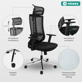 Niceey Ergonomische Bureaustoel - Met Hoofdsteun - Verstelbaar - Zwart
