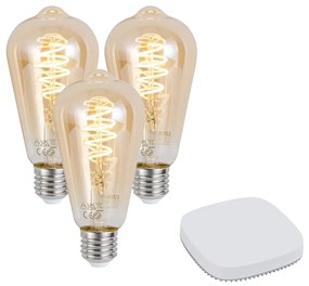 Set van 3 smart E27 dimbare LED lampen ST64 4.9W 320 lm 2500K incl. Zigbee Smart Hub