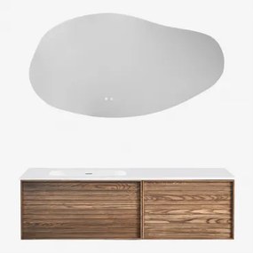 Conjunto Vaniteit Hangend 140x50 Cm In Hout Met Geïntegreerde Wastafel Solea Zonder Kraan & Ash Brown & Onregelmatige Led En Anti-condens 140x75 Cm Ri