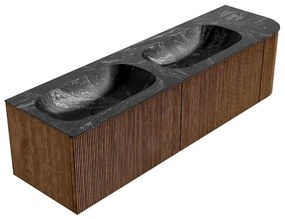 Mondiaz Kurve-dlux 165cm badmeubel ronding rechts walnut met 2 lades en 1 deur en wastafel stor small dubbel/links zonder kraangat lava
