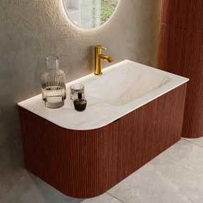 Mondiaz Kurve-dlux 85cm badmeubel ronding links ruby met 1 lade en deur en wastafel cloud kraangat rechts ostra