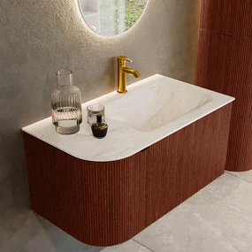 Mondiaz Kurve-dlux 85cm badmeubel ronding links ruby met 1 lade en deur en wastafel cloud kraangat rechts ostra