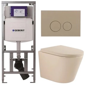 QeramiQ Dely Toiletset - 36.3x51.7cm - diepspoel - rimless - Geberit UP320 inbouwreservoir - softclose toilet zitting 35 mm - bedieningsplaat taupe - ronde knoppen - mat beige SW1000764/SW1000771/0701131/SW1102378
