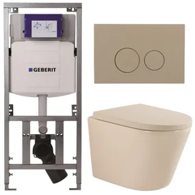 QeramiQ Dely Toiletset - 36.3x51.7cm - diepspoel - rimless - Geberit UP320 inbouwreservoir - softclose toilet zitting 35 mm - bedieningsplaat taupe - ronde knoppen - mat beige SW1000764/SW1000771/0701131/SW1102378