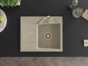 Mexen Ben granit gootsteen 1-kommer met afdruiprek, rechts 600 x 500 mm, beige, gouden sifon - 6523605000-69-G