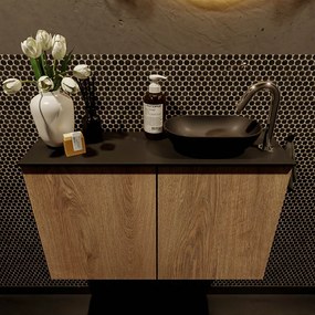 Mondiaz Fowy toiletmeubel 80cm washed oak met zwarte waskom rechts en kraangat