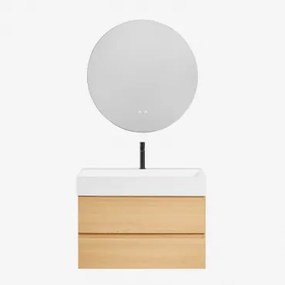 Ona Zwevend Badkamermeubelset Van Hout En Essenfineer Met Geïntegreerde Wastafel Natuurlijk Hout & Round Led And Antifog Ø70 Cm Riben - Sklum