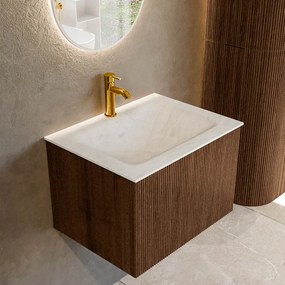 Mondiaz Kurve-dlux 60cm badmeubel walnut met 1 lade en wastafel cloud midden 1 kraangat opalo