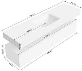 Zaro Alan badmeubel 170cm urban 2 lades met vrijhangende wastafel cloud midden zonder kraangat talc