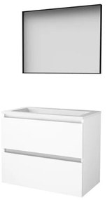 Basic-Line Framed 46 badkamermeubelset - 80x46cm - greeploos - 2 lades - acryl wastafel - 1 kraangat - Spiegel - mat zwart aluminium frame - rondom - MDF lak Ice White 1813876