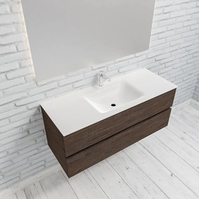 Zaro Valencia Solid Surface badmeubel 120cm donker eiken 1 kraangat spoelbak midden met 2 lades