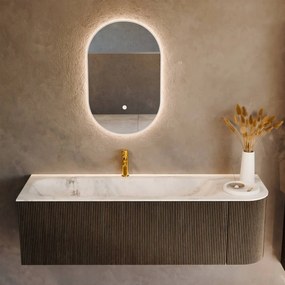 Mondiaz Kurve-dlux 145cm badmeubel ronding rechts shadow met 1 lade en deur en wastafel big large kraangat links opalo