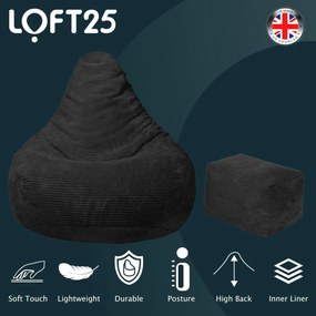 Highback Zitzak Stoel incl. Poef Corduroy Stof - Black