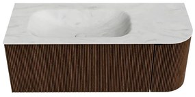 Mondiaz Kurve-dlux 115cm badmeubel ronding rechts walnut met 1 lade en deur en wastafel big small kraangat links opalo