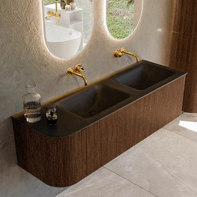 Mondiaz Kurve 145cm badmeubel ronding links walnut met 1 lade en deur en wastafel cloud dubbel/rechts zonder kraangat urban