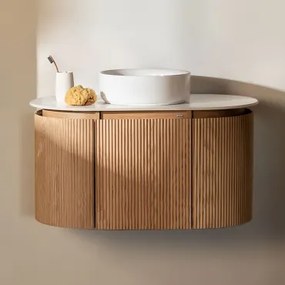 Carsone Houten Badkamermeubelset Natuurlijk Hout & Zonder Extra Eenheid & Rond Keramiek Wit Ø40 Cm Lenka & Spiegelloze & Zonder Kraan - Sklum