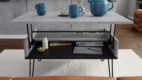 HAIRPIN S-90 Millenium Beton/Mat Zwart - MODERNE KOFFIETAFEL MET OPKLAPBARE TAFEL + OPBERGVAK + PLANK