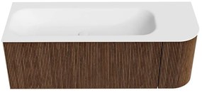 Mondiaz Kurve 125cm badmeubel ronding rechts walnut met 1 lade en deur en wastafel big medium links zonder kraangat