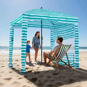 VEVOR strandcabana 183 x 183 cm, strandluifel met zijwanden, UPF 50+ zonbescherming, strandpaviljoen met zandzakken, draagbare parasol voor het hele gezin, groene strepen