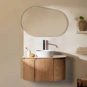 Carsone Hangend Badkamermeubelset Van Hout Natuurlijk Hout & Zonder Extra Eenheid & Rond Keramiek Wit Ø40 Cm Lenka & Ovaal Led En Anticondens - Sklum