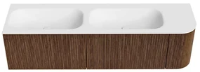 Mondiaz Kurve 165cm badmeubel ronding rechts walnut met 2 lades en 1 deur en wastafel big small dubbel/links 2 kraangaten