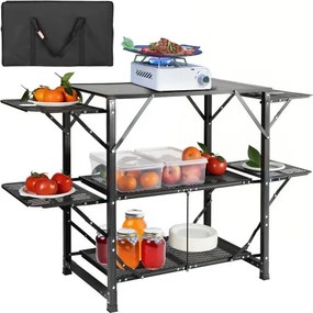 VEVOR Campingkeukentafel, aluminium, opvouwbaar, draagbaar, kookstation voor buiten met 4 ijzeren zijkanten, 2 planken en draagtas, snelle installatie voor picknick, barbecue, strand, reizen, enz.