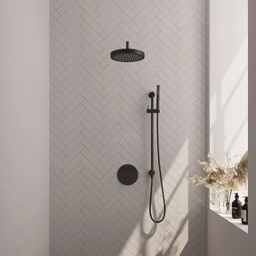 Brauer Stripe inbouw regendouche rond met 25cm hoofddouche, rond met gebogen muurarm, glijstang en staafhanddouche set 44 zwart mat