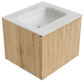 Mondiaz Kurve-dlux 50cm badmeubel oak met 1 lade en wastafel grunne midden 1 kraangat opalo