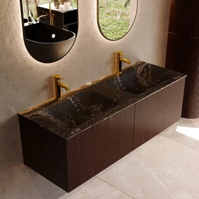 Mondiaz Kurve-dlux 130cm badmeubel ruby met 2 lades en wastafel leaf dubbel 2 kraangaten lava