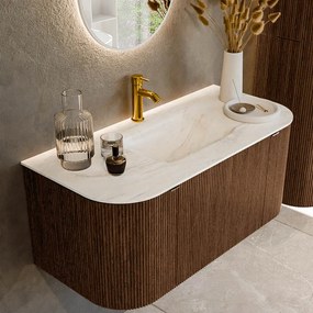 Mondiaz Kurve-dlux 100cm badmeubel ronding links/rechts walnut met 1 lade en 2 deuren en wastafel grunne midden 1 kraangat ostra