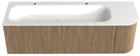 Mondiaz Kurve 145cm badmeubel ronding rechts dusk met 1 lade en deur en wastafel big large links 2 kraangaten