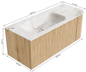 Mondiaz Kurve-dlux 115cm badmeubel ronding rechts shadow met 1 lade en deur en wastafel big small kraangat links glace