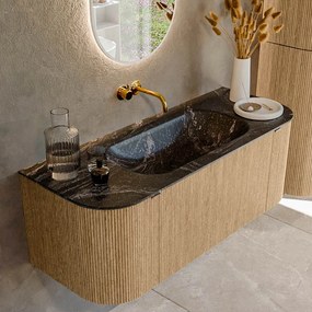 Mondiaz Kurve-dlux 120cm badmeubel ronding links/rechts oak met 1 lade en 2 deuren en wastafel big small midden zonder kraangat lava