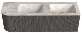 Mondiaz Kurve-dlux 145cm badmeubel ronding links shadow met 1 lade en deur en wastafel leaf dubbel/rechts zonder kraangat frappe