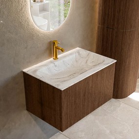Mondiaz Kurve-dlux 70cm badmeubel walnut met 1 lade en wastafel big small midden 1 kraangat glace