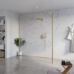 Fortifura Galeria Vrijstaande Inloopdouche - 160x200cm - Helder - antikalk - 8mm veiligheidsglas - 2 zijwanden 40cm - wandsteunen en hoekprofielen - Geborsteld Messing PVD (Goud) SW927770 2x/SW797918/SW797911 2x/SW798731 2x