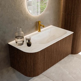 Mondiaz Kurve-dlux 95cm badmeubel ronding links walnut met 1 lade en deur en wastafel big small kraangat rechts ostra